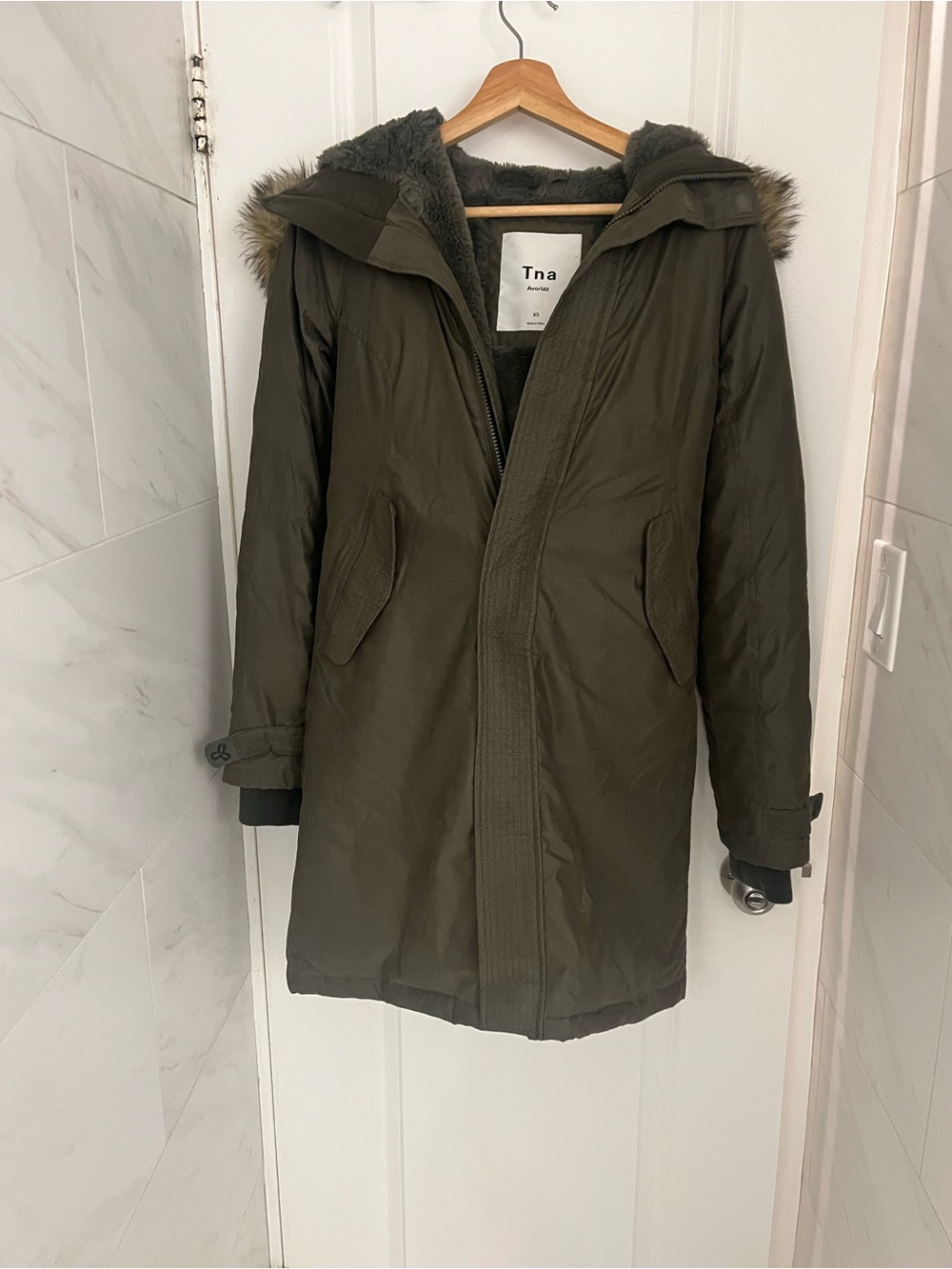 TNA Olive Green Hooded Parka with Faux Fur Hood Trim